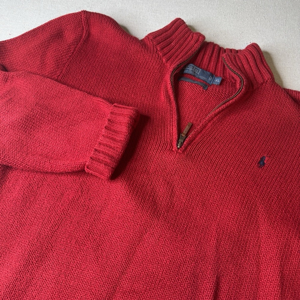 Polo Ralph Lauren Mens Red 1/4 Zip Pullover Tight Knit Sweater XL 100%‎ Cotton